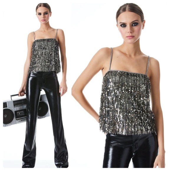 ALICE + OLIVIA Chi Sequin Fringe Top - Picture 1 of 12